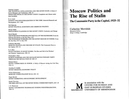 Moscow Politics and the Rise of Stalin