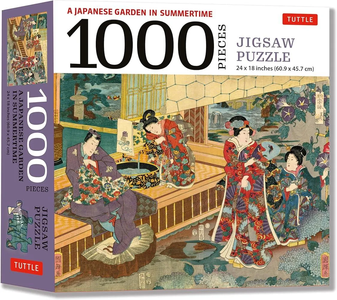 A Japanese Garden in Summertime - 1000 Piece Jigsaw Puzzle : A Scene from THE TALE OF GENJI, Woodblock Print (Finished Size 24 in X 18 in)