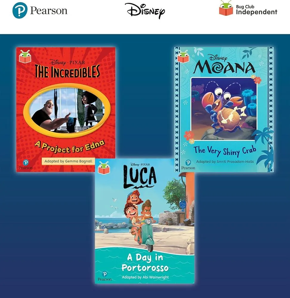 Pearson Bug Club Disney Year 1 Pack A, including decodable phonics readers for phase 5: Finding The Incredibles: A Project for Edna, Moana: The Very Shiny Crab, Luca: A Day in Portorosso