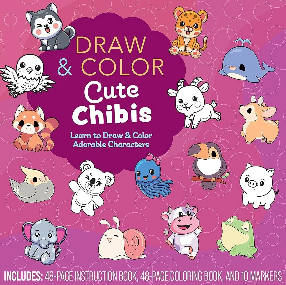 Draw and Color Cute Chibis : Learn to Draw and Color Adorable Characters - Includes: 48-page Instruction Book, 48-page Coloring Book, and 10 Markers