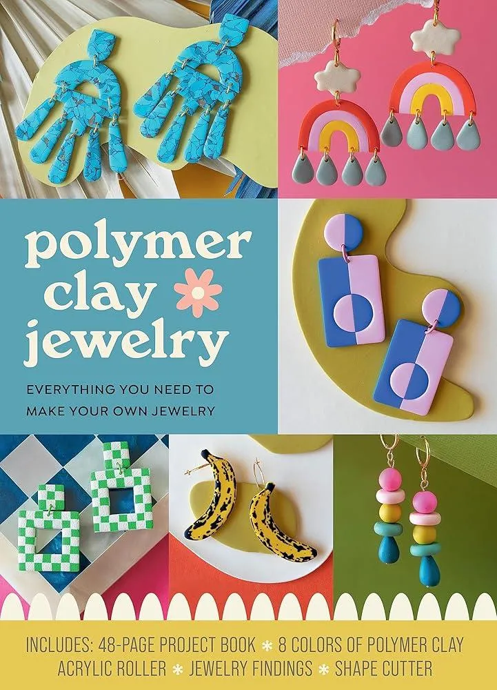 Polymer Clay Jewelry Kit : Everything You Need to Make Your Own Jewelry – Includes: 48-page Project Book, 8 Colors of Polymer Clay, Acrylic Roller, Jewelry Findings, Shape Cutters